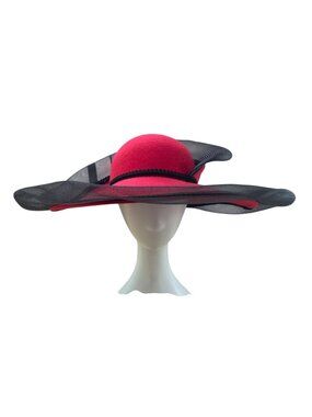 Wide Brim Red & Black Wool Fascinator Hat With Mesh Flower Detail Vintage Style